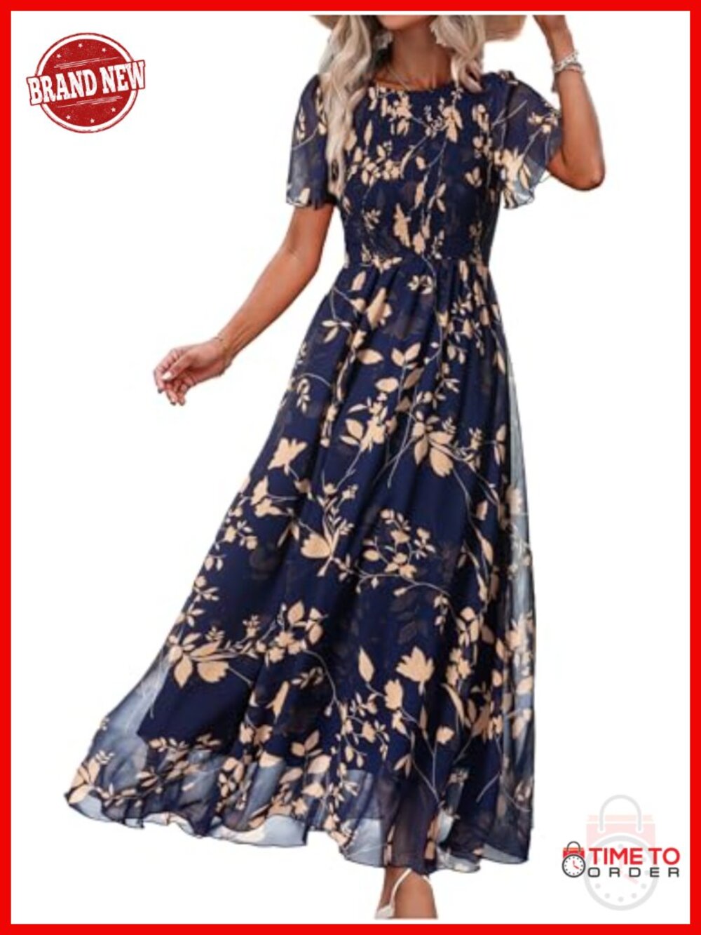 Women's Floral Chiffon Smocked Maxi Dress Flutter Sleeve